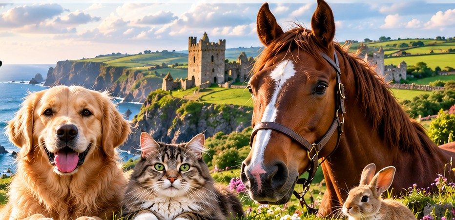 A golden retriever, cat, horse and rabbit together on an Irish coastal clifftop with a castle